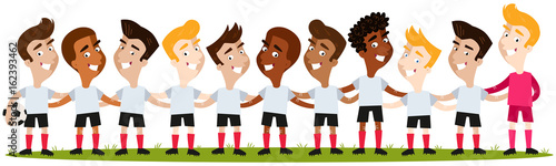 Multicultural men's football team lineup standing on football field isolated on white background