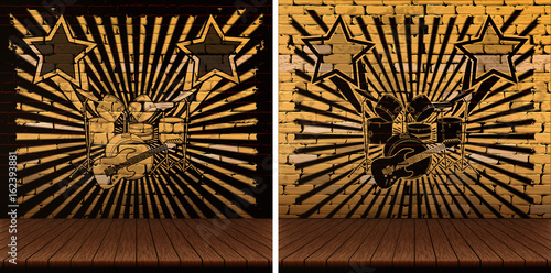 wooden floor  drum set electric guitar