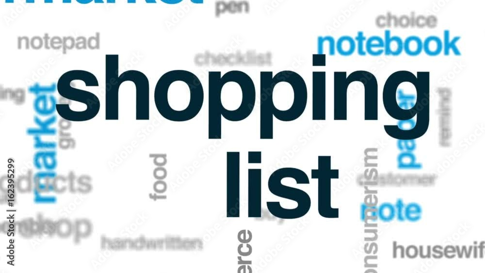 Shopping list animated word cloud, text design animation. Shopping list animated word cloud, text design animation.