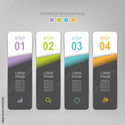 Infographic template of four steps on squares, tag banner, work sheet, flat design of business icon, vector