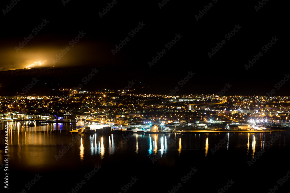 Panoramic view on Akureyri city at night in north iceland