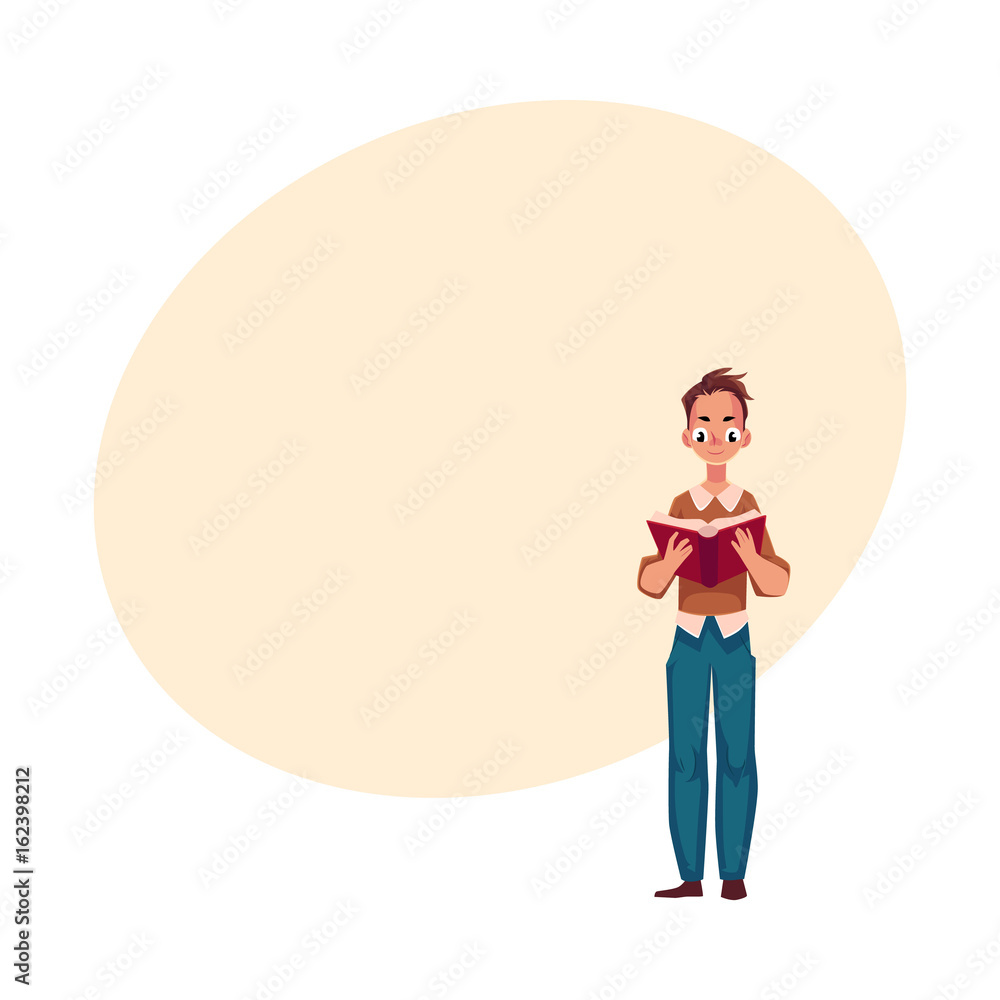 Young man, boy reading interesting book in standing position, cartoon vector illustration with space for text. Full length portrait of man, guy reading book standing, front view Young man, boy reading interesting book in standing position, cartoon vector illustration with space for text. Full length portrait of man, guy reading book standing, front view