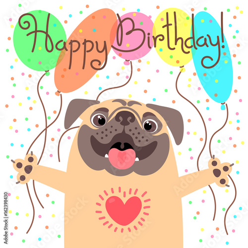 Canvas Print Cute happy birthday card with funny puppy
