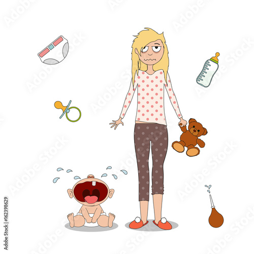 Woman is standing next to a crying child