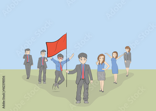 Sketch of working little people and leader with flag. Doodle cute concept about teamwork about leadership. Hand drawn cartoon vector illustration for business design. 