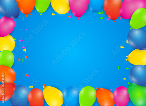 Colorful Birthday poster with balloons and confetti on blue background  - vector background with copyspace