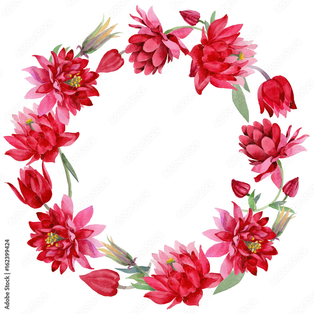 Fototapeta premium Wildflower Aquilegia flower wreath in a watercolor style isolated. Full name of the plant: Aquilegia. Aquarelle wild flower for background, texture, wrapper pattern, frame or border.