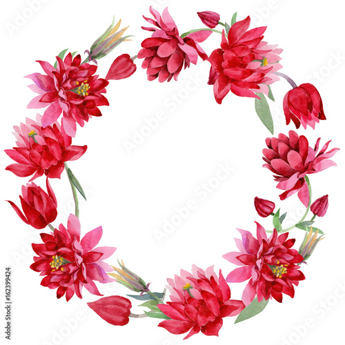 Wildflower Aquilegia flower wreath in a watercolor style isolated. Full name of the plant:  Aquilegia. Aquarelle wild flower for background, texture, wrapper pattern, frame or border.
