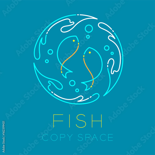 Two Fish or Pisces, Water splash circle and Air bubble logo icon outline stroke set dash line design illustration isolated on blue background with Fish text and copy space