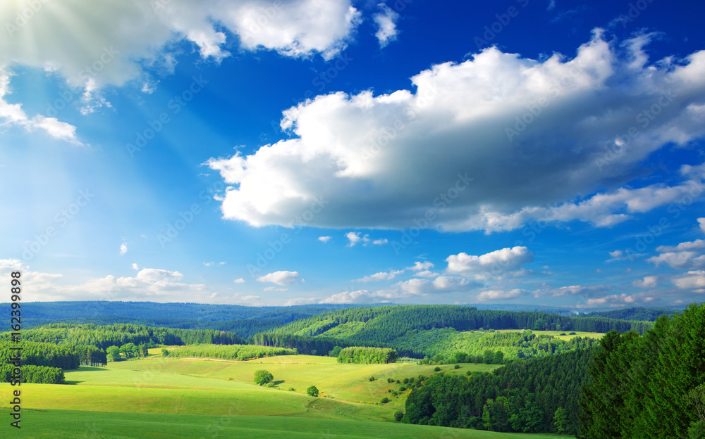 Blue sky with clouds and green field.