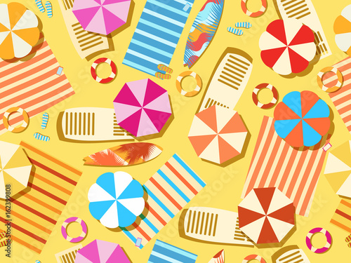 Seamless beach, top view. Chaise lounge with umbrella, surfboard, flip-flops and bedspreads. Beach vacation. Vector illustration
