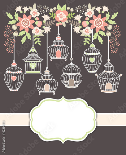 Vector Card Template with Bird Cages and Floral Branch. Birdcages and Floral  Bouquets Vector Illustration. 