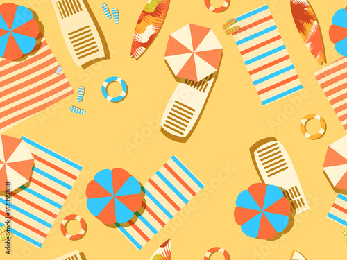 Seamless beach, top view. Chaise lounge with umbrella, surfboard, flip-flops and bedspreads. Beach vacation. Vector illustration