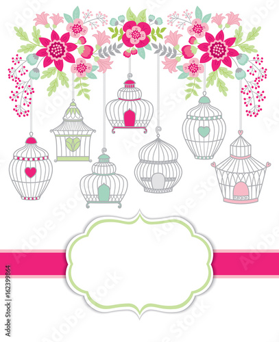 Vector Card Template with Bird Cages and Floral Branch. Birdcages and Floral  Bouquets Vector Illustration. 