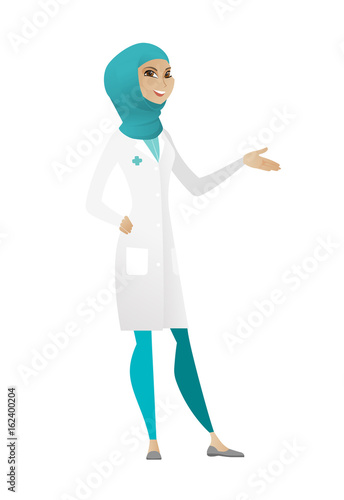 Doctor with arm out in a welcoming gesture.