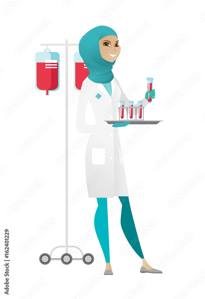 Fototapeta premium Laboratory assistant analyzing blood in test tube.