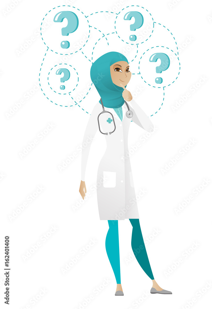 Obraz premium Thinking doctor with question marks.