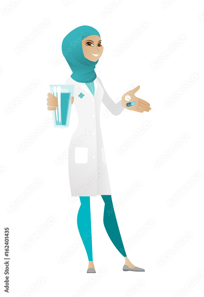 Pharmacist giving pills and glass of water. Pharmacist giving pills and glass of water.