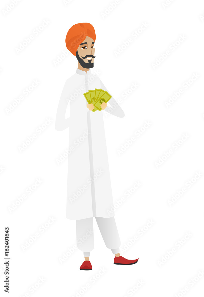 Obraz premium Happy hindu businessman holding money.