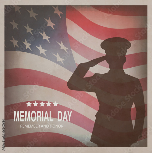 Memorial day. Greeting card with flag and soldier on background. Vector illustration.