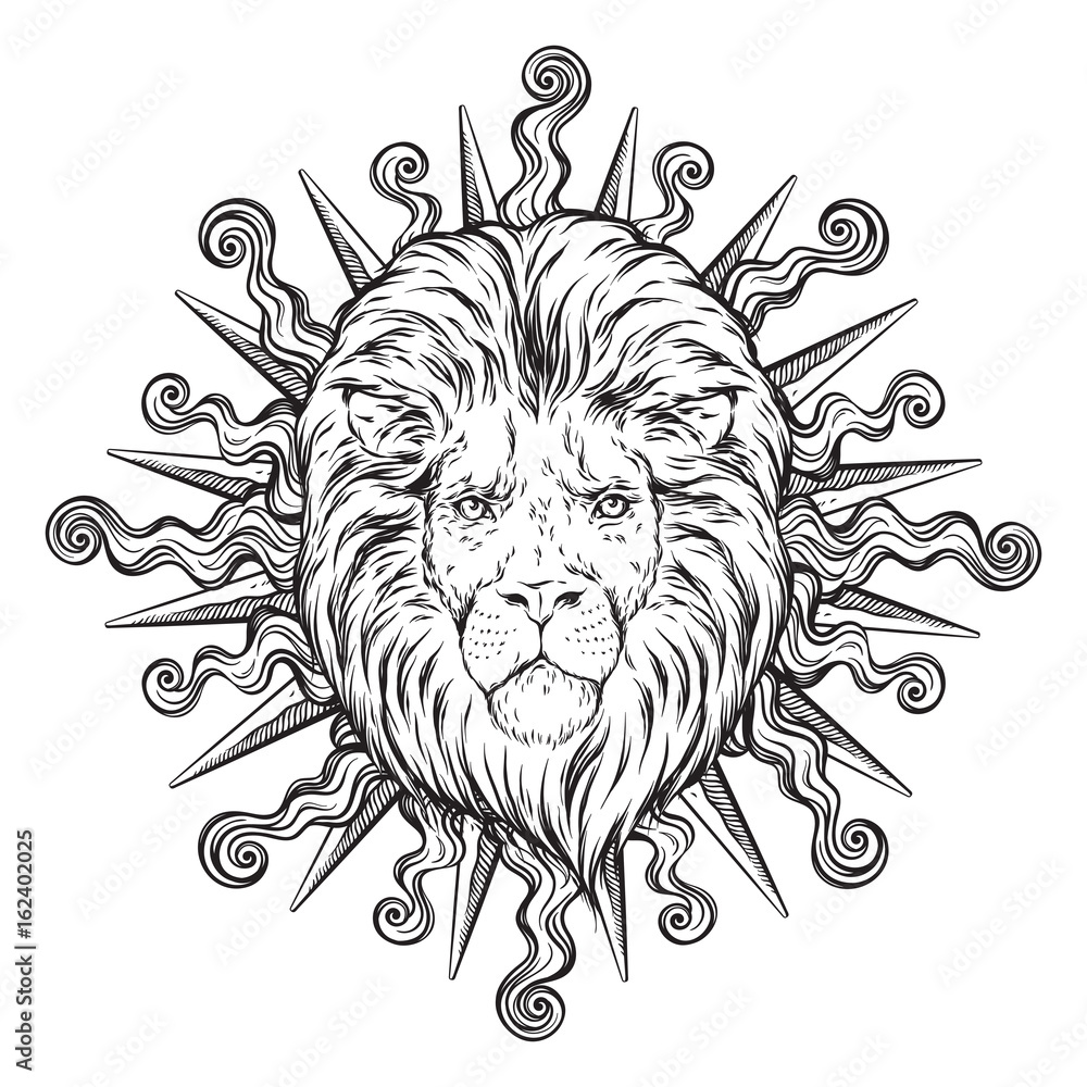 Hand drawn lion head in sun rays isolated over white background vector  illustration. Flash tattoo or print design Stock Vector | Adobe Stock