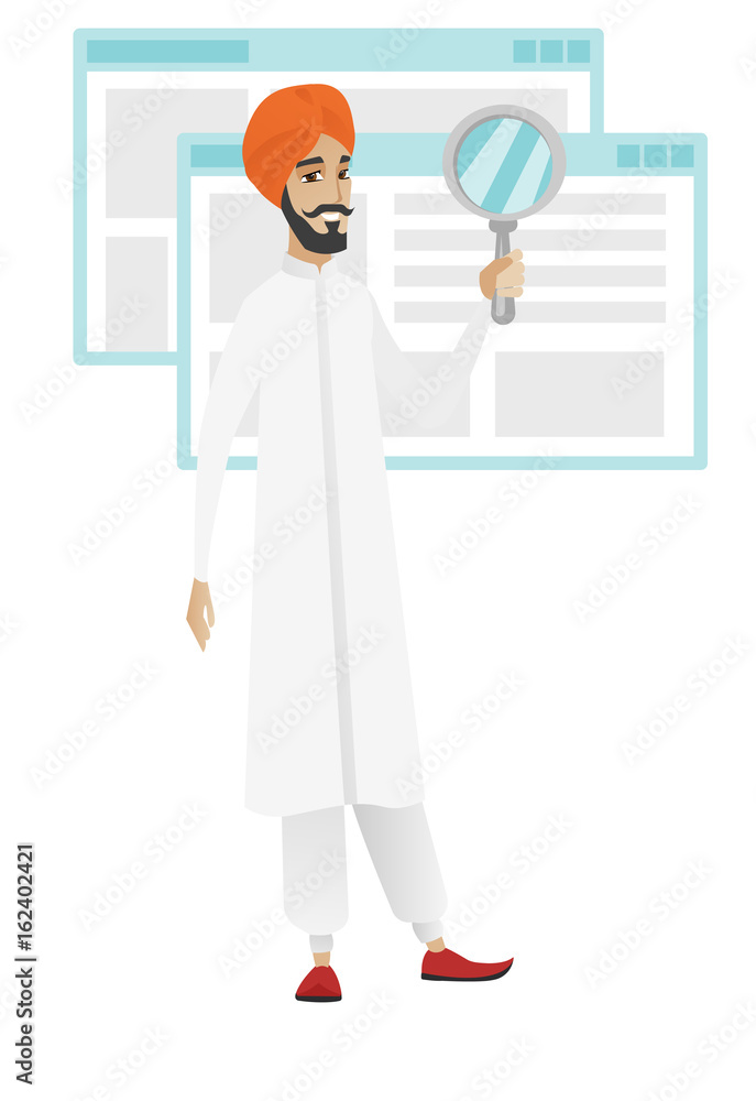 Hindu businessman with magnifying glass. Hindu businessman with magnifying glass.