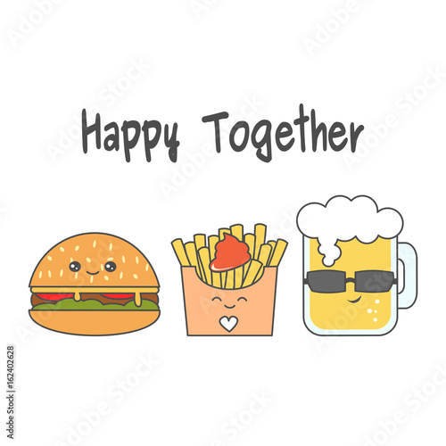cute cartoon cheeseburger, french fries and glass of beer vector illustration