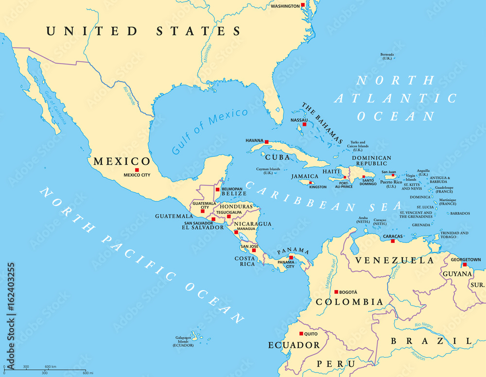 Middle America political map with capitals and borders. Mid-latitudes of the Americas region. Mexico, Central America, the Caribbean and northern South America. Illustration. English labeling. Vector.