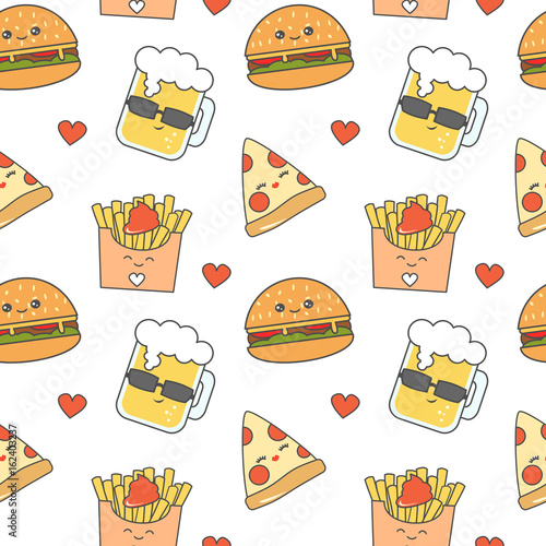 cute cartoon fast food seamless vector pattern background illustration with cheeseburger, pizza, glass of beer and french fries
