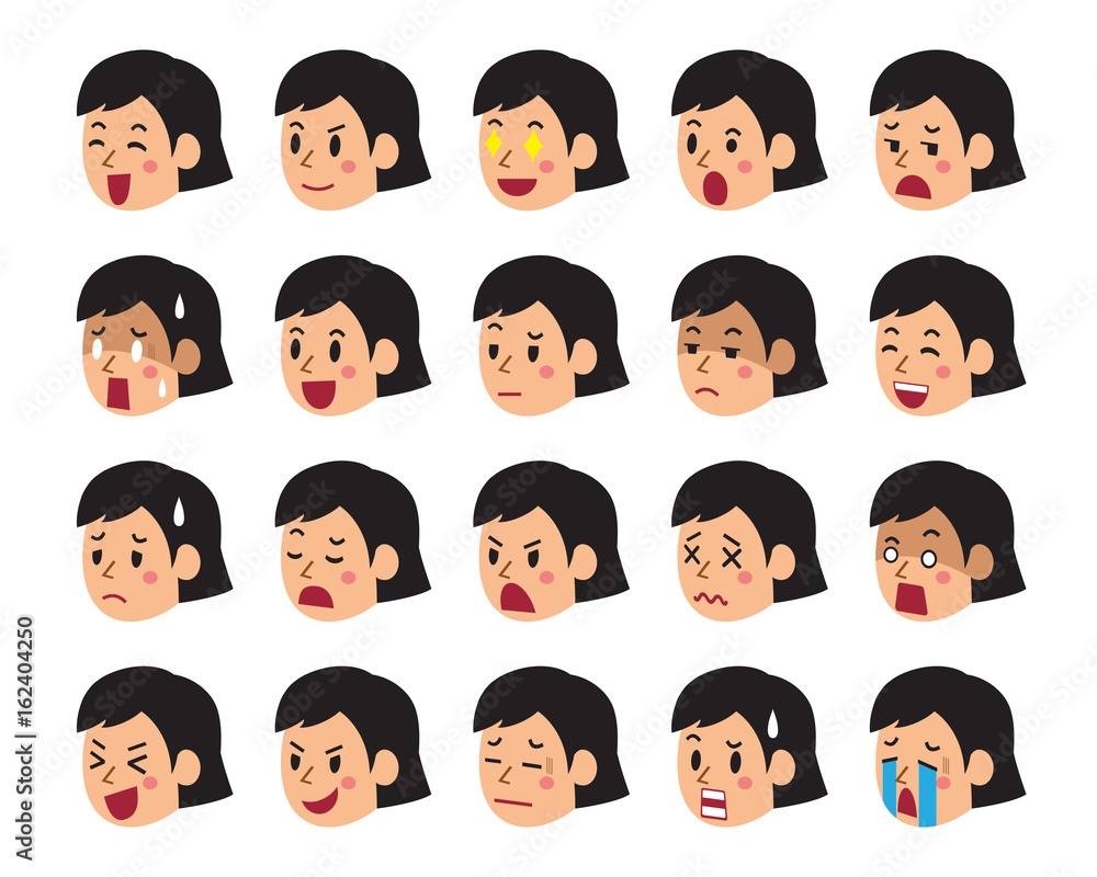 Cartoon set of woman faces showing different emotions Cartoon set of woman faces showing different emotions