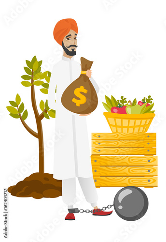 Chained hindu farmer holding a money bag.