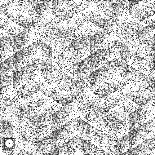 Abstract mosaic background. Black and white grainy dotwork design. Pointillism pattern with optical illusion. Stippled vector illustration.