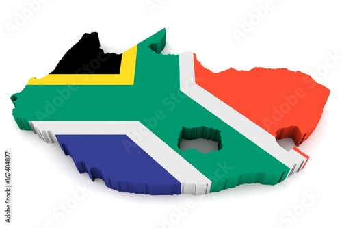3D Karte von Südafrika mit Flagge vor weißem Hintergrund