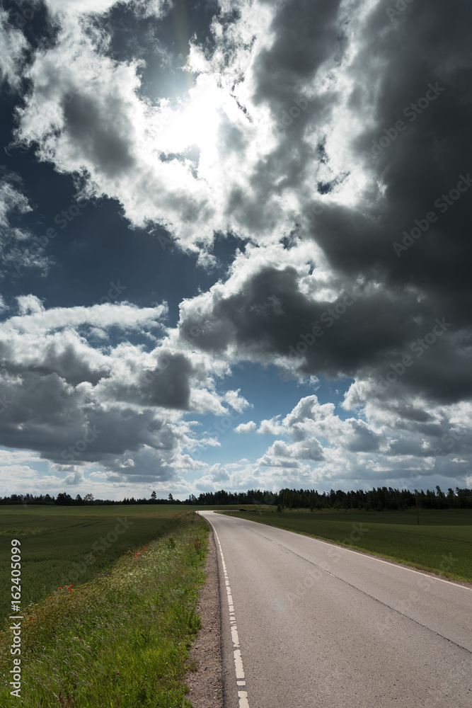 Asphalt road in countryside, Latvia.
