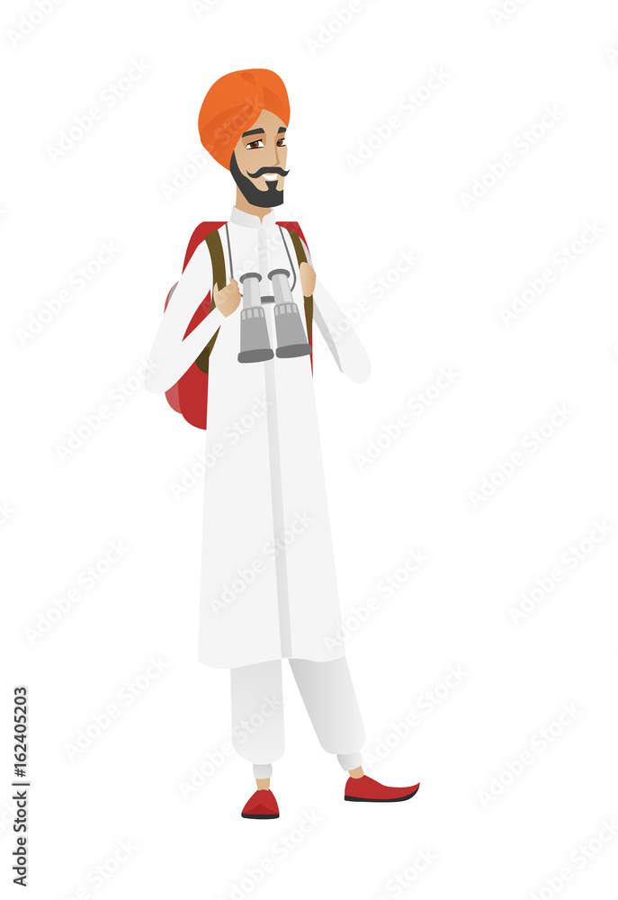 Hindu traveler man with backpack and binoculars. Hindu traveler man with backpack and binoculars.