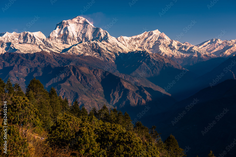 View of the icebergs mountain route to Annapurna base camp trekking in Nepal.