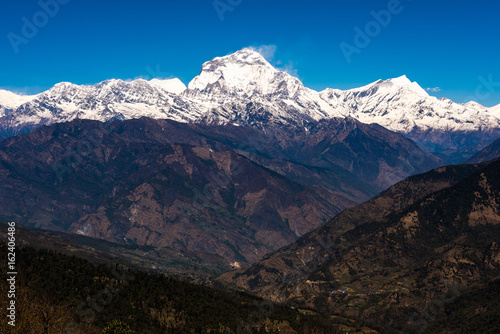 View of the icebergs mountain route to Annapurna base camp trekking in Nepal.