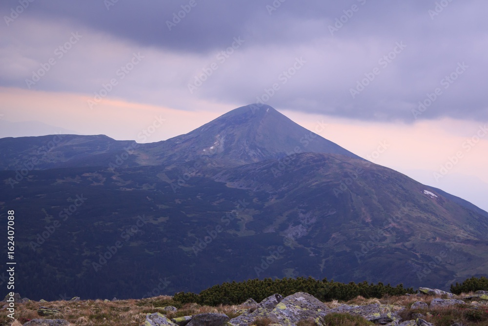 Fototapeta premium Thunderstorm after sunset near Mount Hoverla, view from Mount Turkul, Carpathian Mountains, Europe