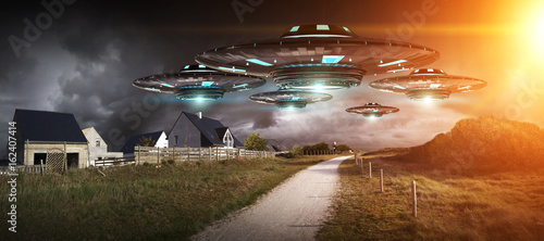 Foto UFO invasion on planet earth landascape 3D rendering