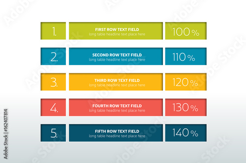 Table, schedule design template with 5 row. Vector banner.