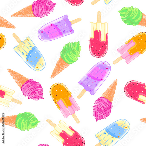 Seamless pattern with colorful ice cream cone and popsicle. Summer texture
