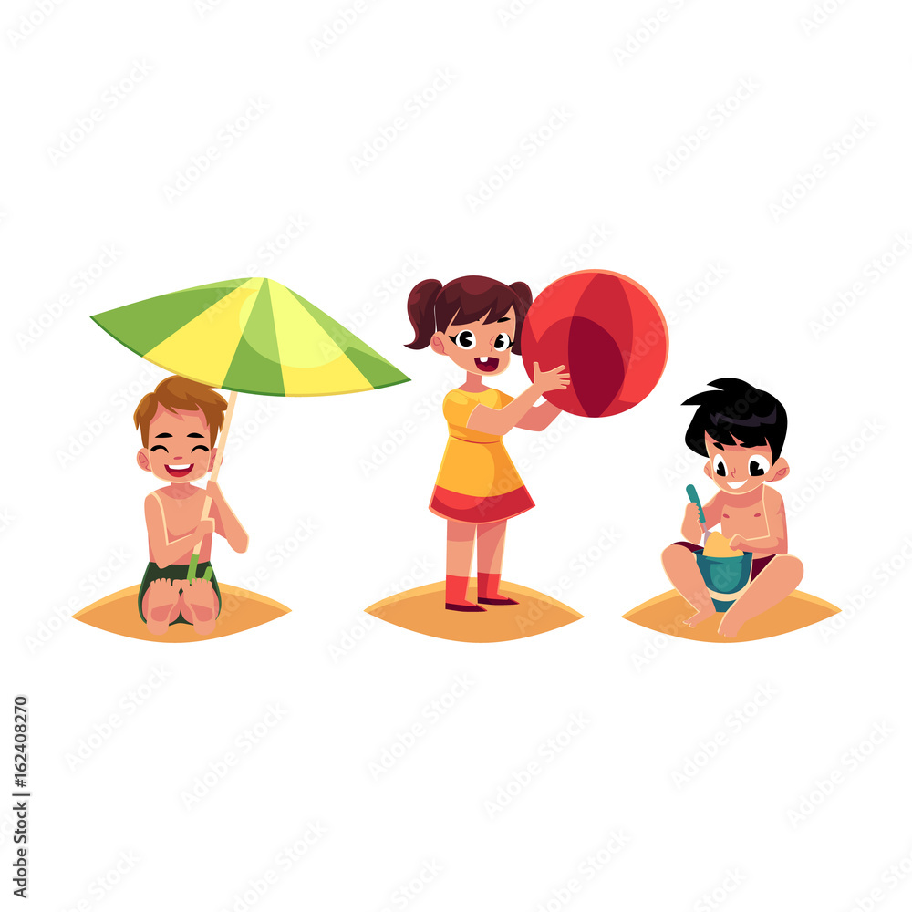 Three kids, boys and girl, playing on sandy beach, summer vacation, cartoon vector illustration isolated on white background. Kids, children happy on the beach, playing with sand and inflatable ball