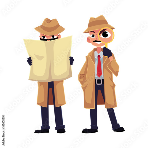 Comic detective character looking through magnifying glass, hiding behind newspaper, cartoon vector illustration isolated on white background. Funny detective character, private investigator concept