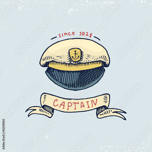 set of engraved vintage, hand drawn, old, labels or badges for captains cap. Marine and nautical or sea, ocean emblems. always home.