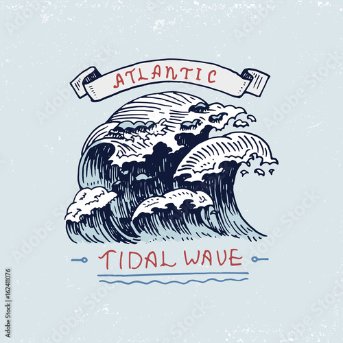 set of engraved vintage, hand drawn, old, labels or badges for atlantic tidal wave. Marine and nautical or sea, ocean emblems.