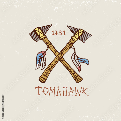 set of engraved vintage, hand drawn, old, labels or badges for indian or native american. axes and tomahawk.