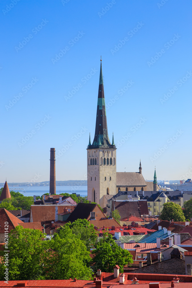 View on the St. Olaf's Church on a clear summer day Tallinn, Estonia
