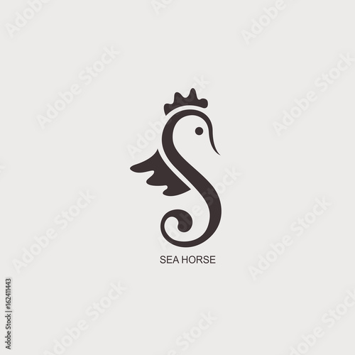 Stylized graphic Seahorse. Silhouette illustration of sea life. Sketch for tattoo on isolated white background. Vector flat logo icon