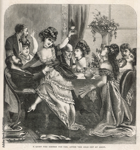 People enjoying a dinner party after visiting Ascot. Date: 1871