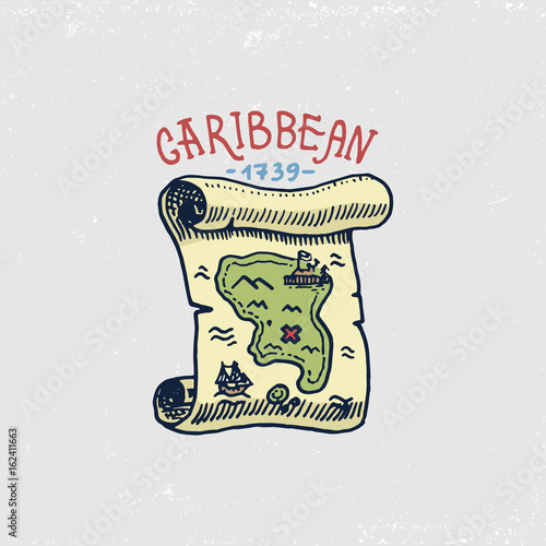 set of engraved, hand drawn, old, labels or badges for corsairs, map to treasure, Caribbean island. Pirates marine and nautical or sea, ocean emblem.